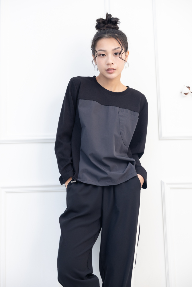 긴팔 異材質拼接抽繩長袖上衣 / 黑色