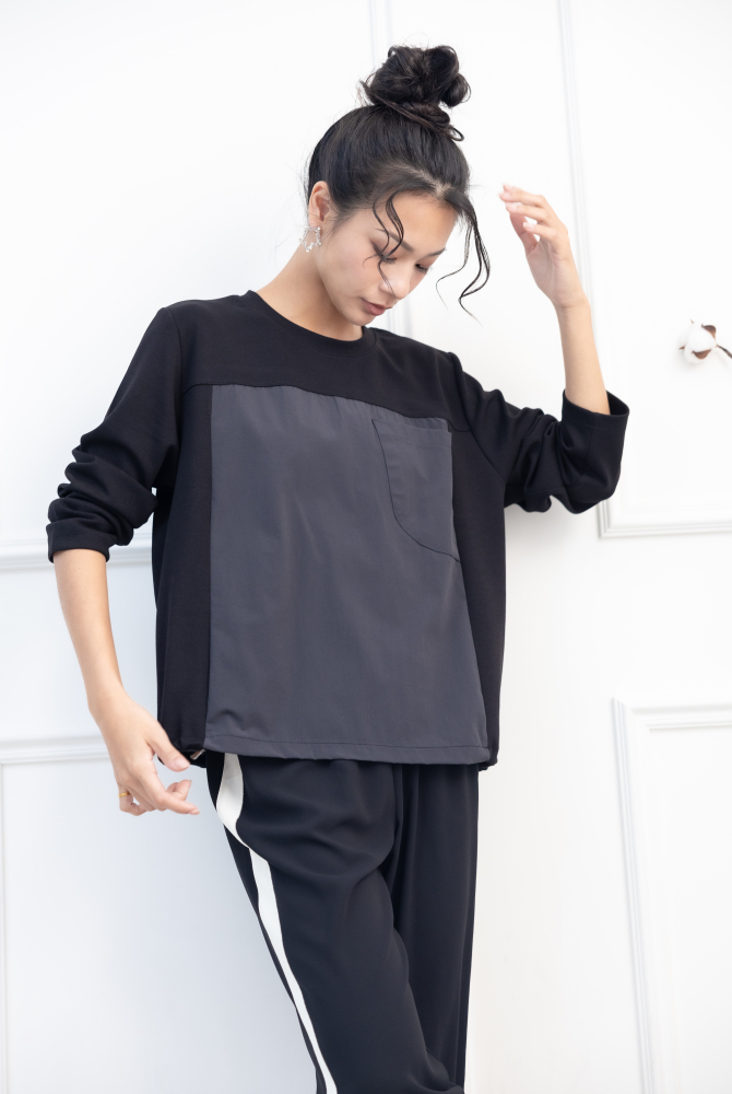 긴팔 異材質拼接抽繩長袖上衣 / 黑色
