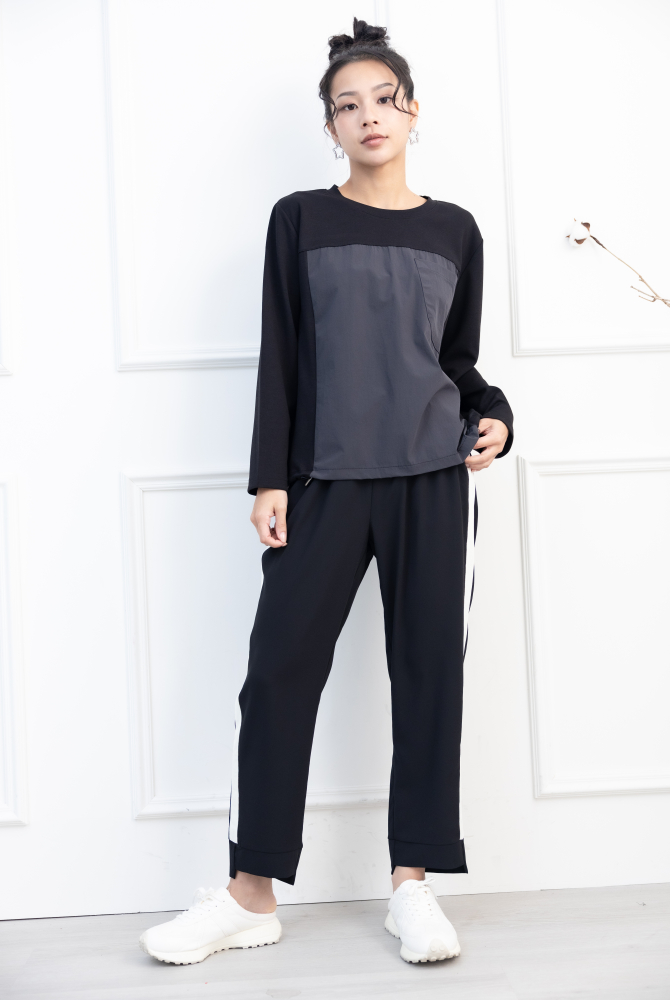 긴팔 異材質拼接抽繩長袖上衣 / 黑色