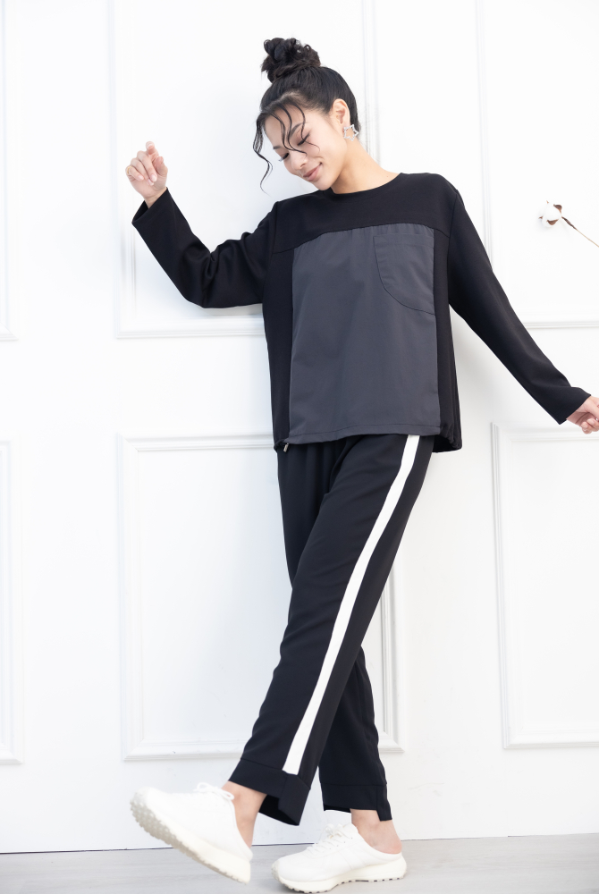 긴팔 異材質拼接抽繩長袖上衣 / 黑色