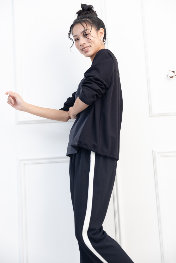 긴팔 異材質拼接抽繩長袖上衣 / 黑色