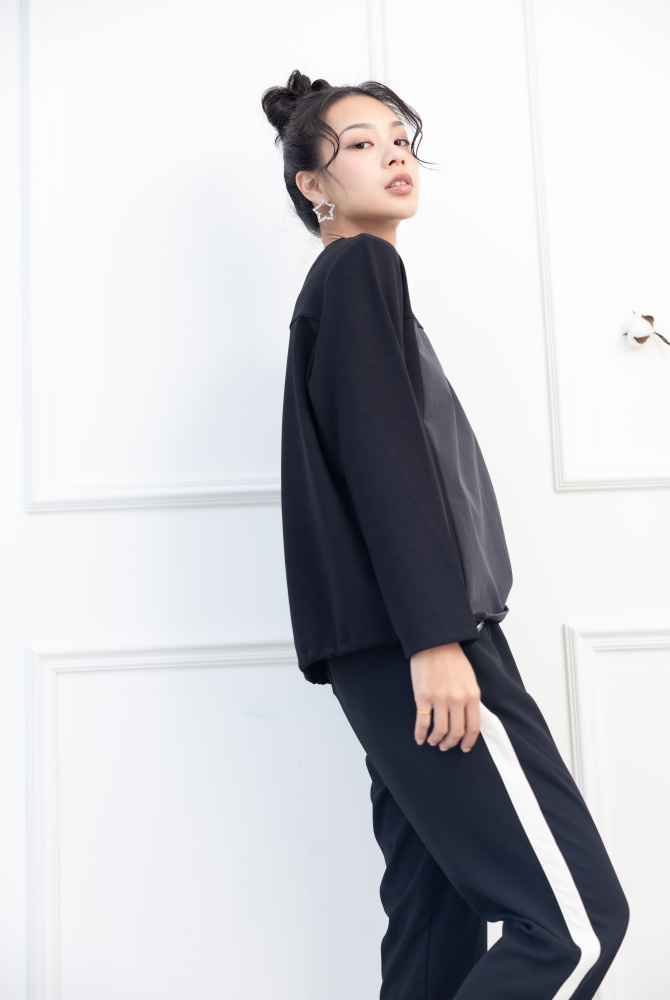 긴팔 異材質拼接抽繩長袖上衣 / 黑色