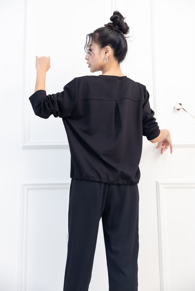 긴팔 異材質拼接抽繩長袖上衣 / 黑色