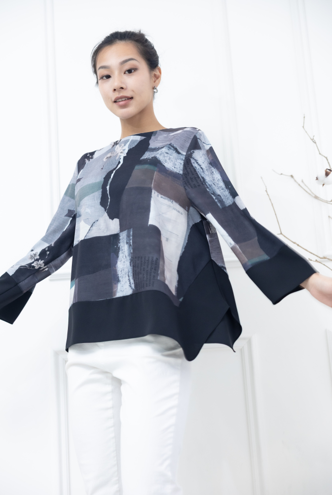 긴팔 手帳素材袖口.下擺拼黑色長袖上衣 / 黑色