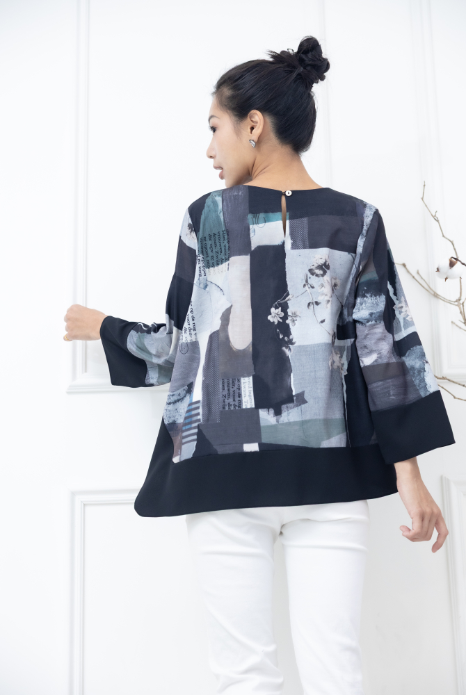 긴팔 手帳素材袖口.下擺拼黑色長袖上衣 / 黑色