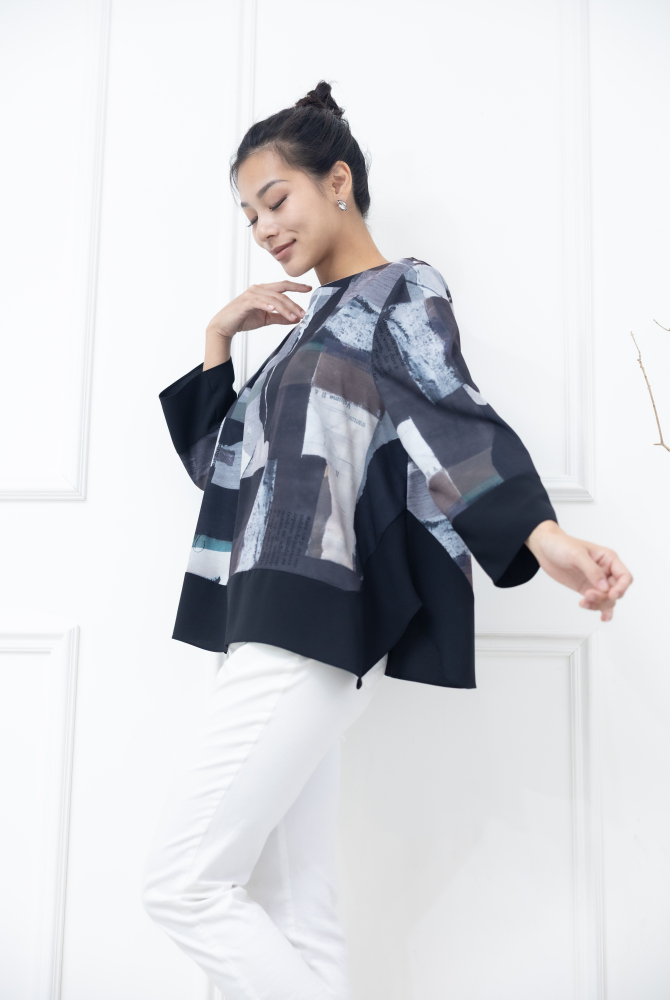 긴팔 手帳素材袖口.下擺拼黑色長袖上衣 / 黑色