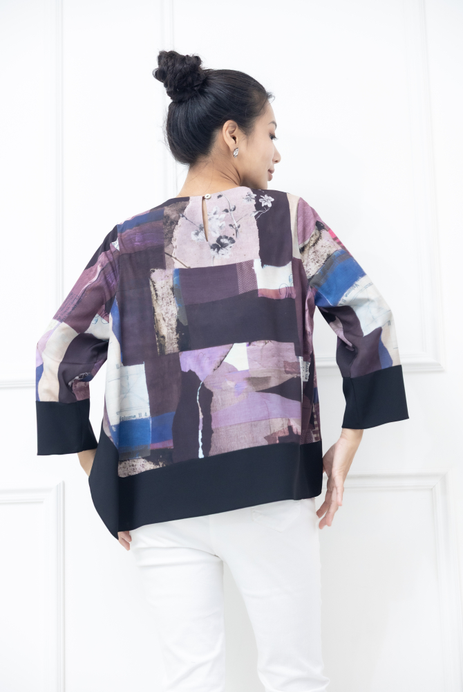 긴팔 手帳素材袖口.下擺拼黑色長袖上衣 / 紫色