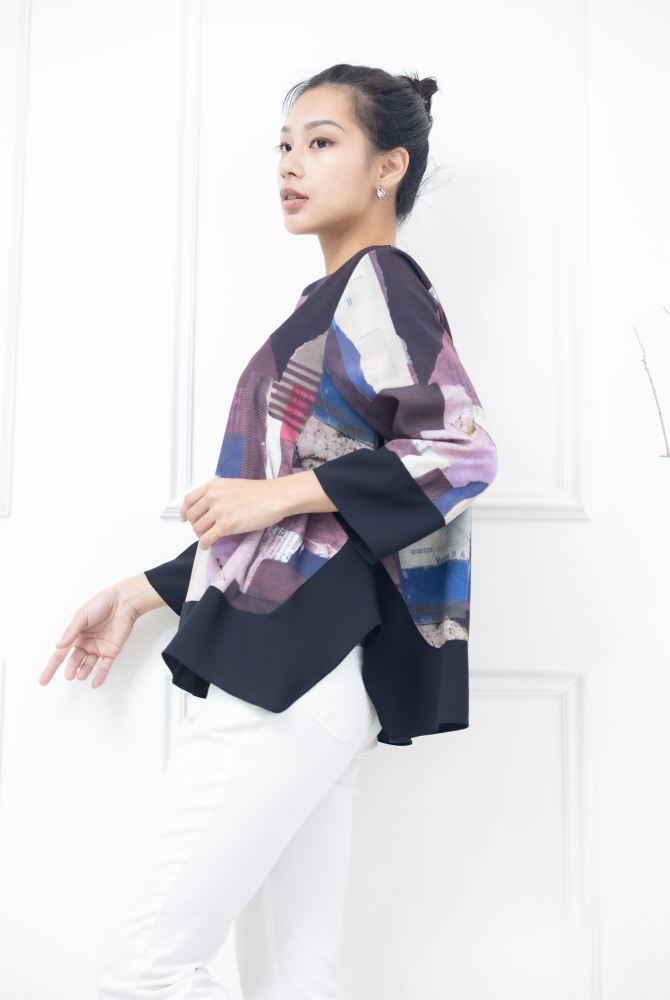 긴팔 手帳素材袖口.下擺拼黑色長袖上衣 / 紫色