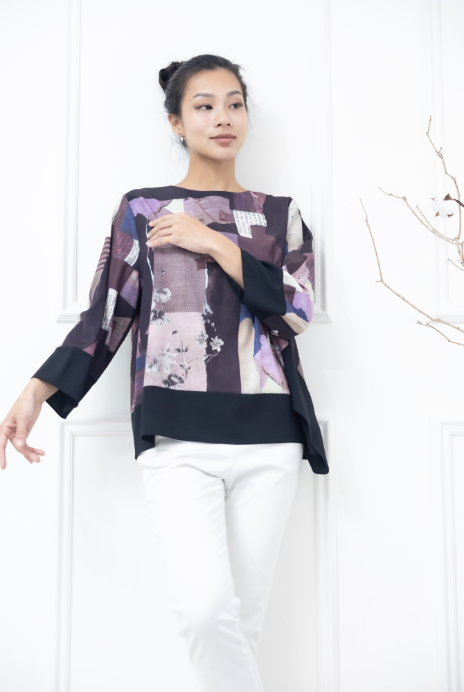 긴팔 手帳素材袖口.下擺拼黑色長袖上衣 / 紫色