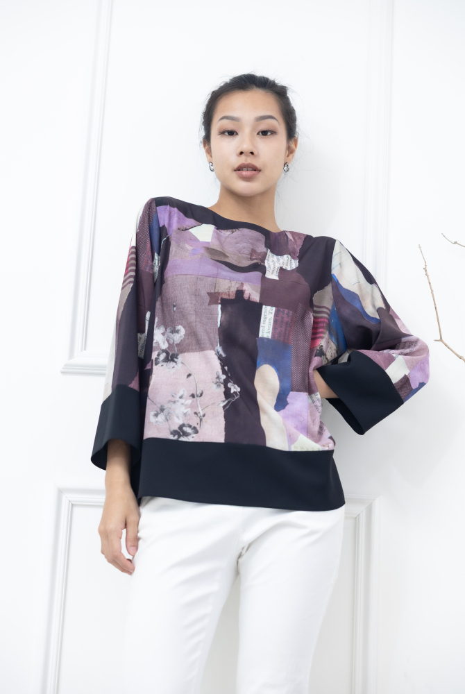 긴팔 手帳素材袖口.下擺拼黑色長袖上衣 / 紫色