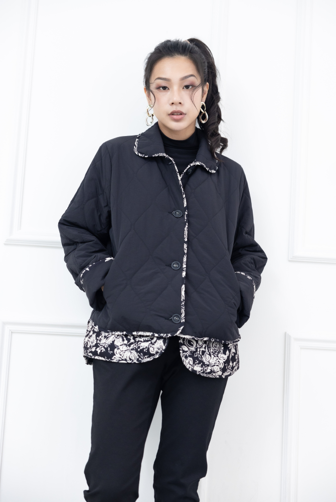 코트 襯衫領下擺.袖口白色線條圖案絎縫鋪棉外套 / 黑色