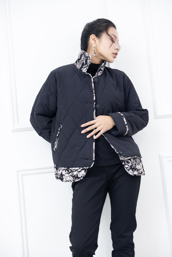 코트 襯衫領下擺.袖口白色線條圖案絎縫鋪棉外套 / 黑色