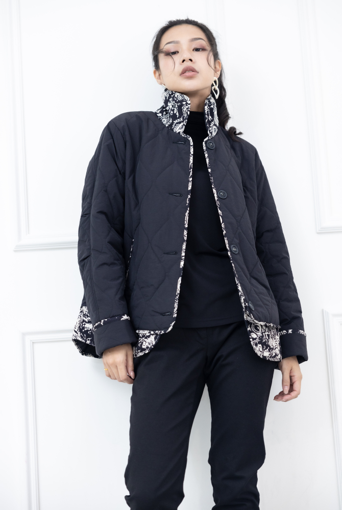 코트 襯衫領下擺.袖口白色線條圖案絎縫鋪棉外套 / 黑色