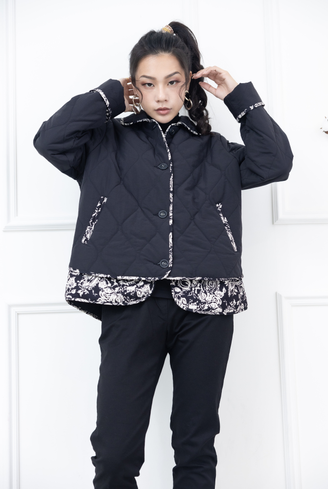 코트 襯衫領下擺.袖口白色線條圖案絎縫鋪棉外套 / 黑色