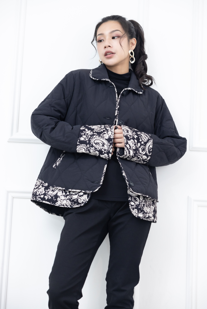 코트 襯衫領下擺.袖口白色線條圖案絎縫鋪棉外套 / 黑色