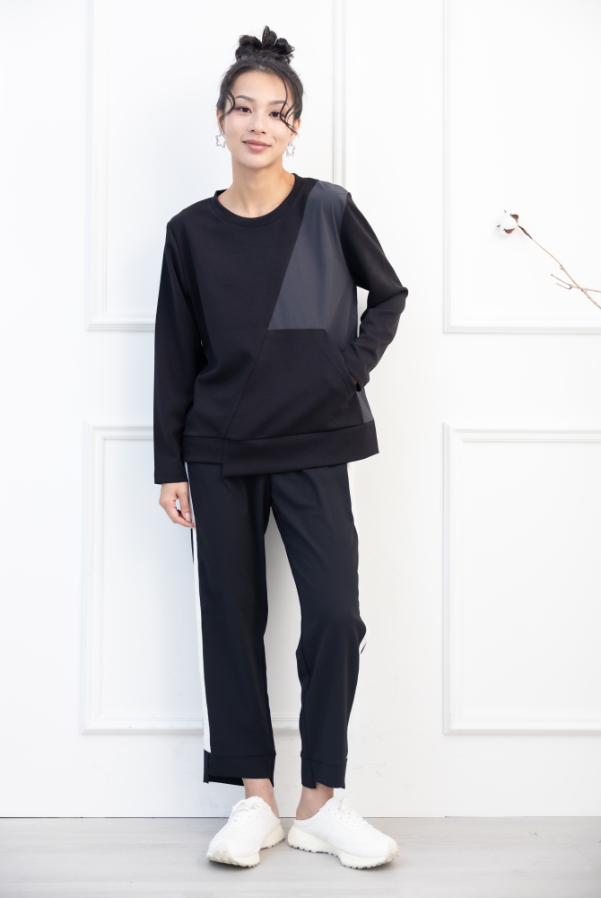 긴팔 異材質拼接下擺不規則剪裁長袖上衣 / 黑色