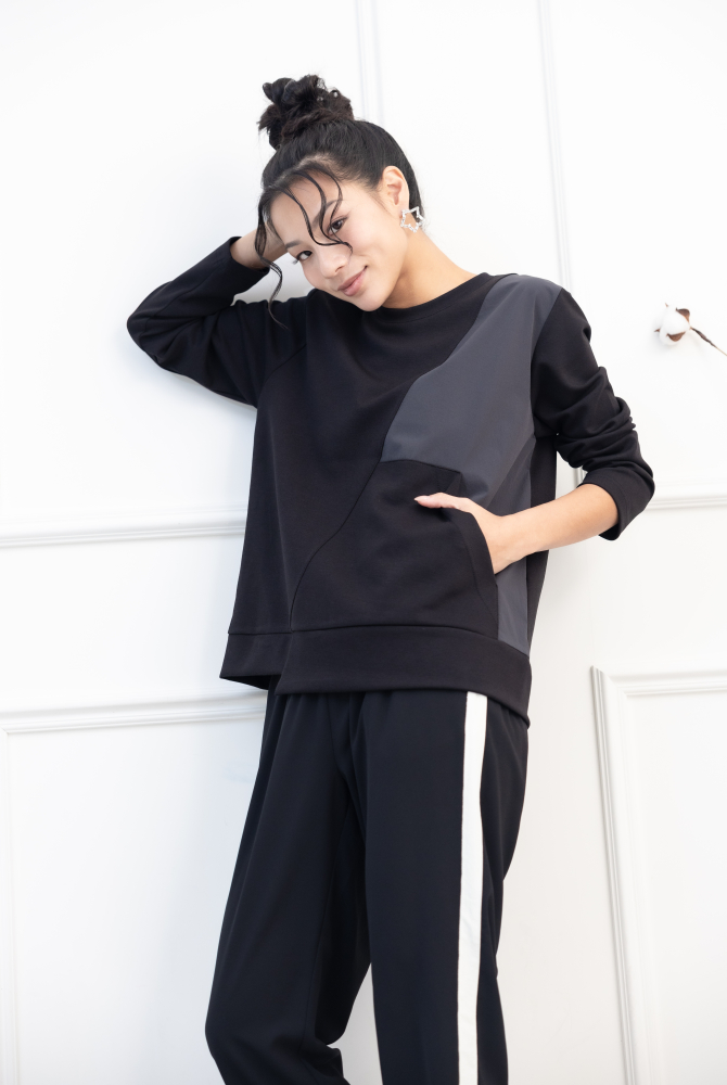 긴팔 異材質拼接下擺不規則剪裁長袖上衣 / 黑色