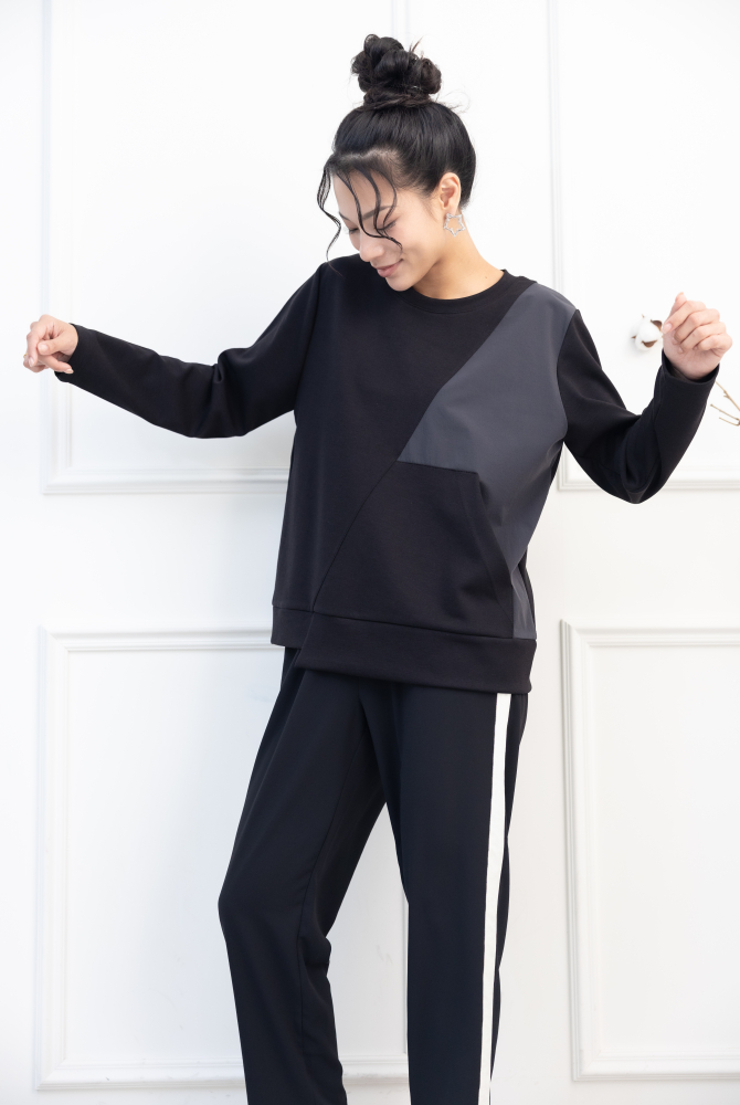 긴팔 異材質拼接下擺不規則剪裁長袖上衣 / 黑色