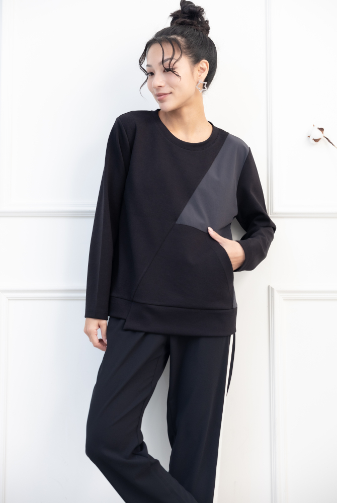 긴팔 異材質拼接下擺不規則剪裁長袖上衣 / 黑色