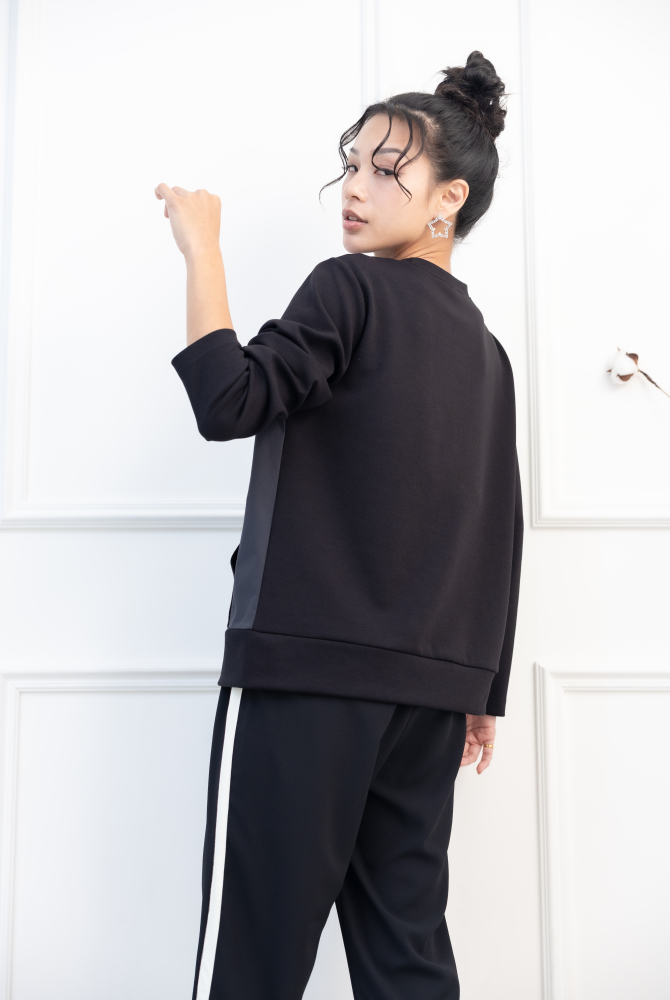 긴팔 異材質拼接下擺不規則剪裁長袖上衣 / 黑色