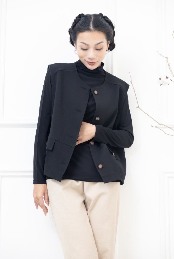 조끼 假口袋下擺皺褶背心 / 黑色