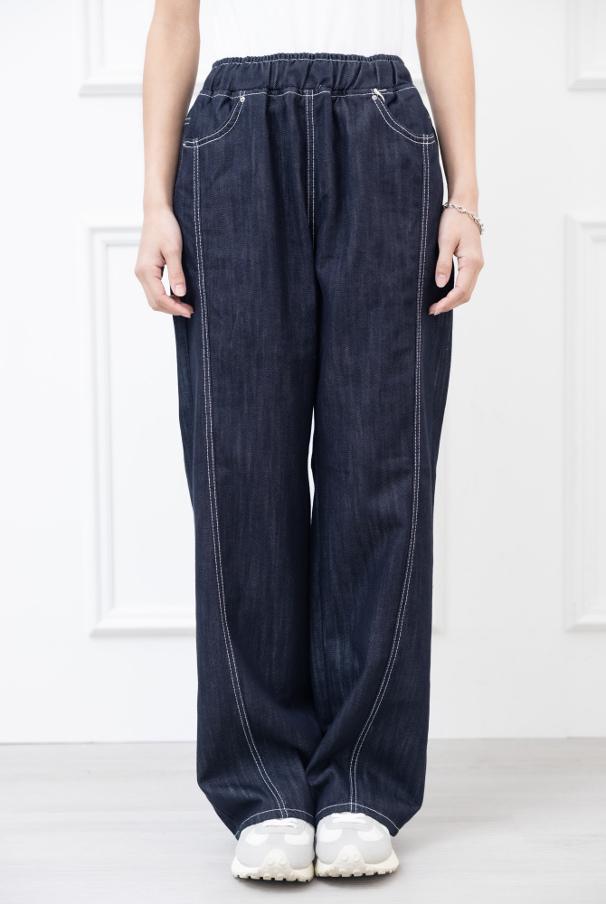 긴 바지 抽繩白車縫線直筒寬褲 / 藍色