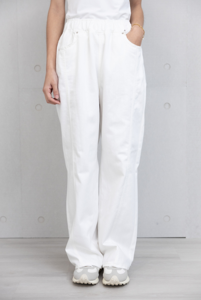 긴 바지 抽繩白車縫線直筒寬褲 / 白色