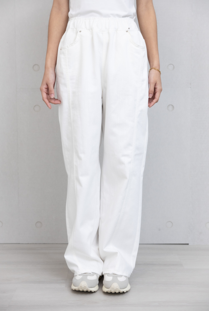 긴 바지 抽繩白車縫線直筒寬褲 / 白色
