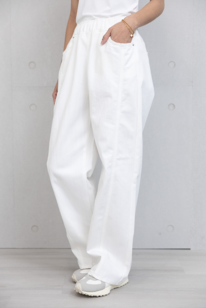 긴 바지 抽繩白車縫線直筒寬褲 / 白色