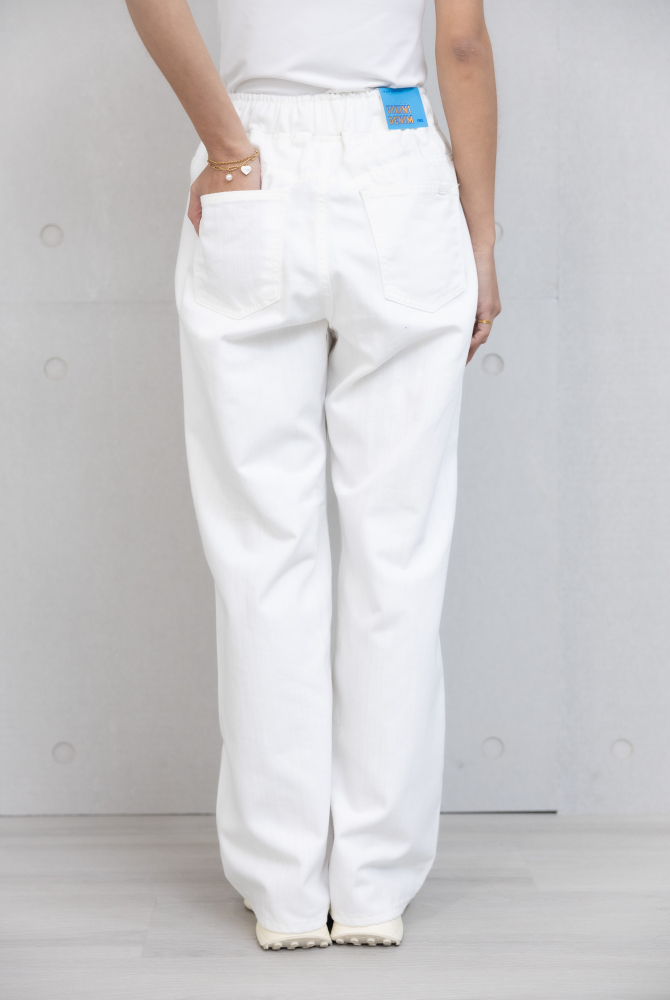 긴 바지 抽繩白車縫線直筒寬褲 / 白色