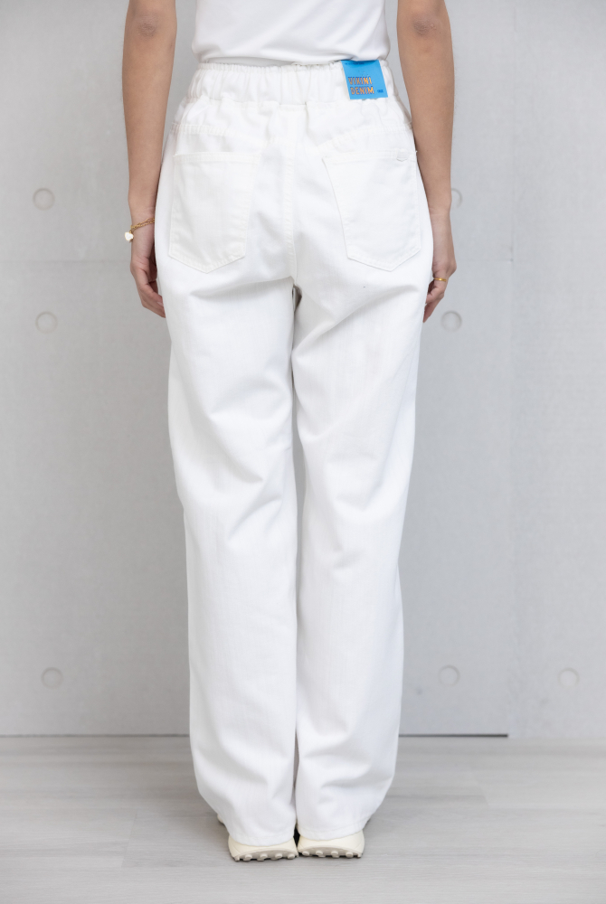 긴 바지 抽繩白車縫線直筒寬褲 / 白色