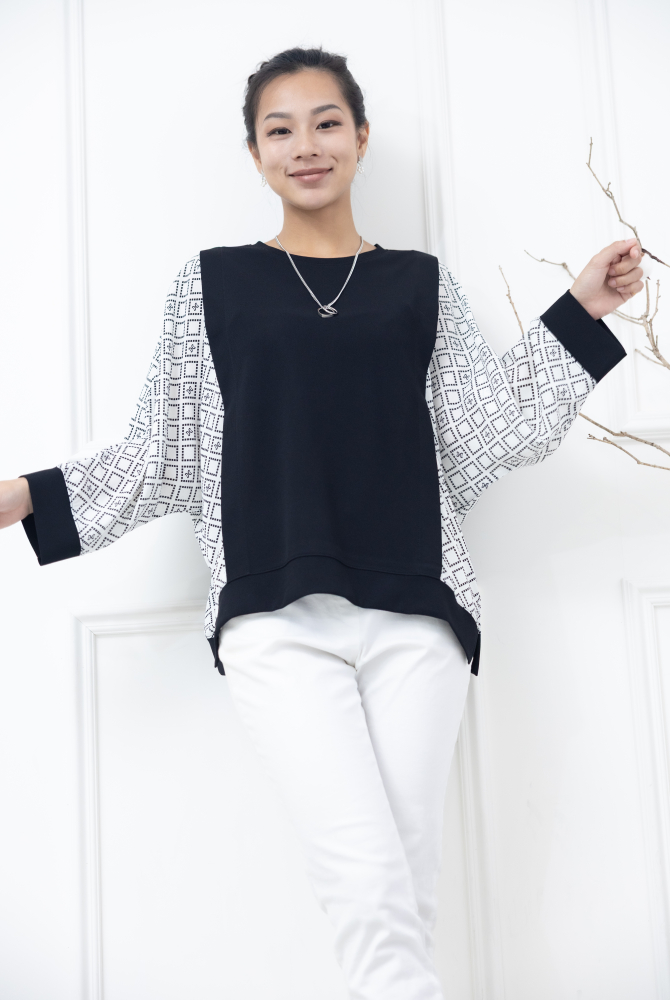 긴팔 雪紡素面拼接方格七分袖上衣 / 白色