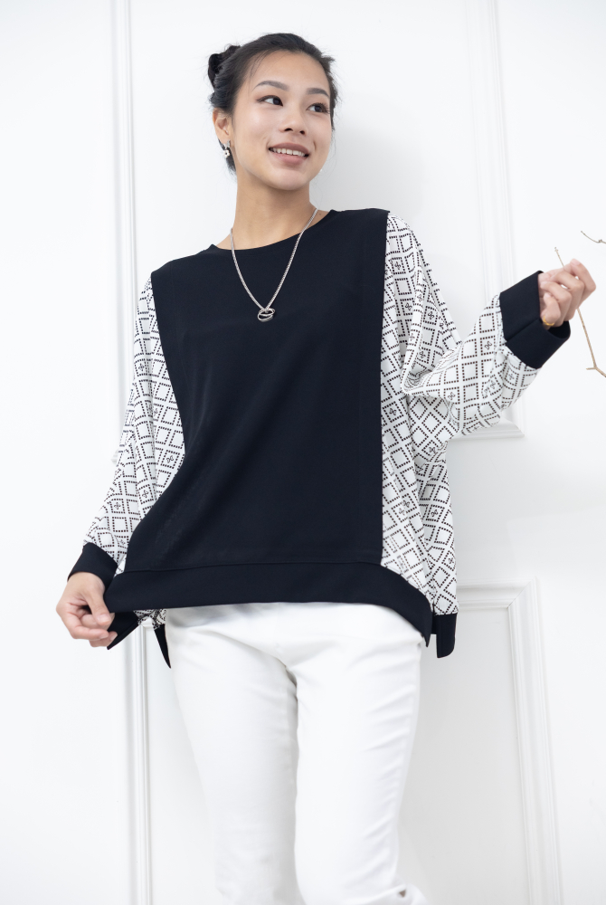 긴팔 雪紡素面拼接方格七分袖上衣 / 白色