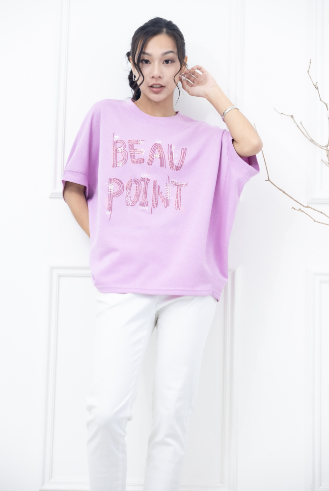 반팔 英文印花寬版短袖上衣 / 粉紫色