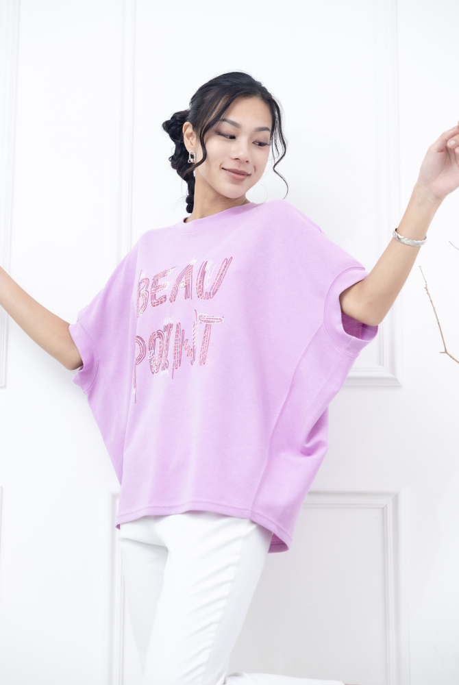 반팔 英文印花寬版短袖上衣 / 粉紫色