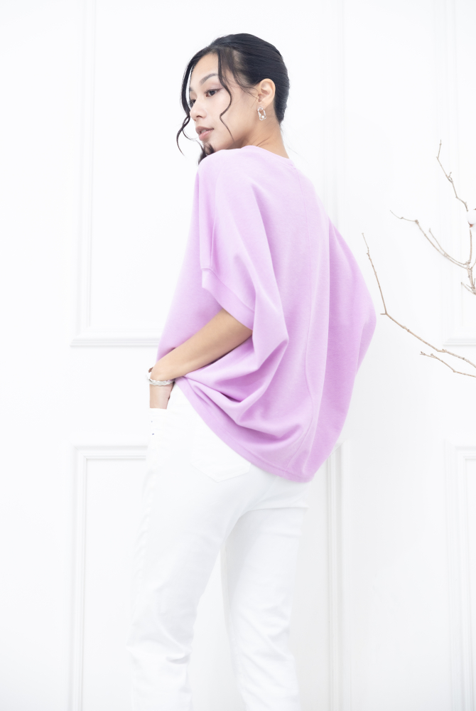 반팔 英文印花寬版短袖上衣 / 粉紫色