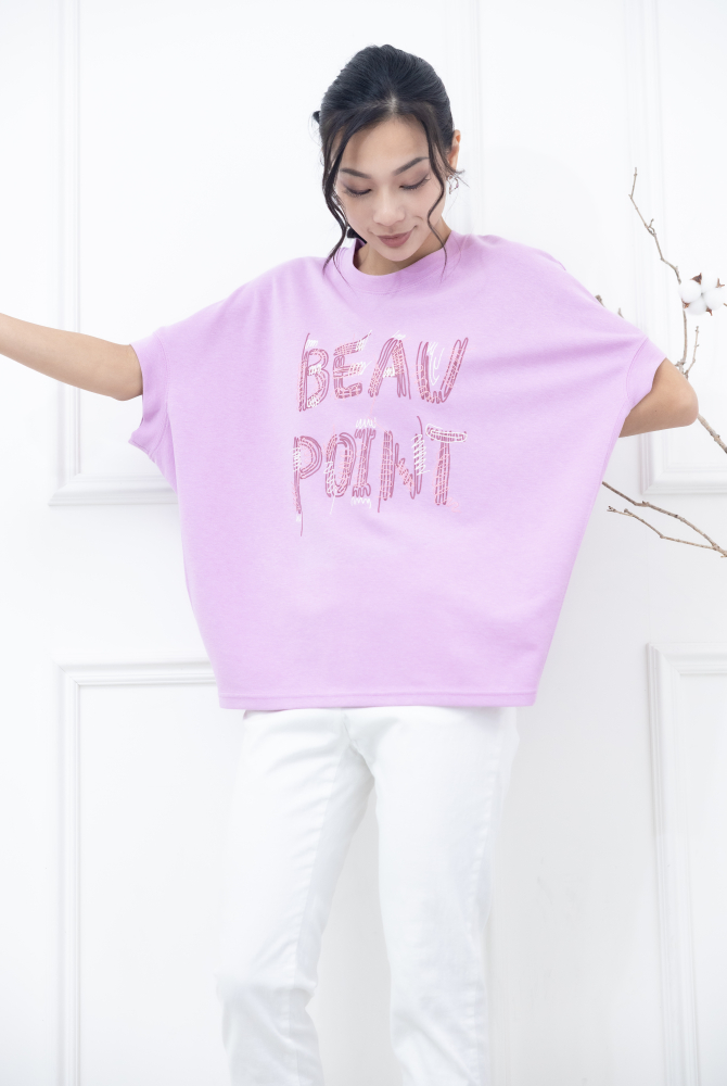 반팔 英文印花寬版短袖上衣 / 粉紫色