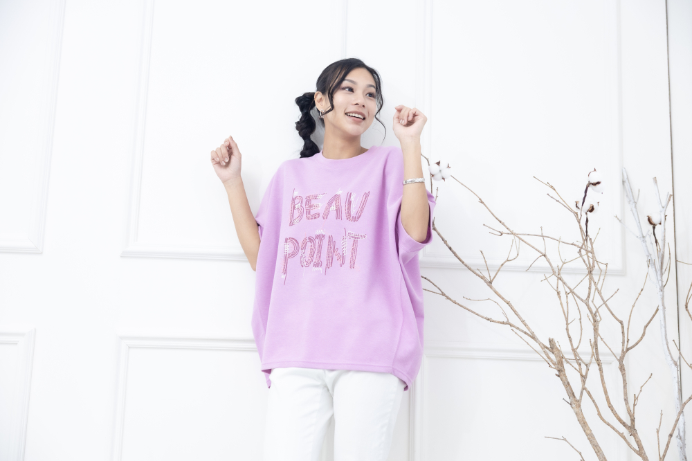 반팔 英文印花寬版短袖上衣 / 粉紫色