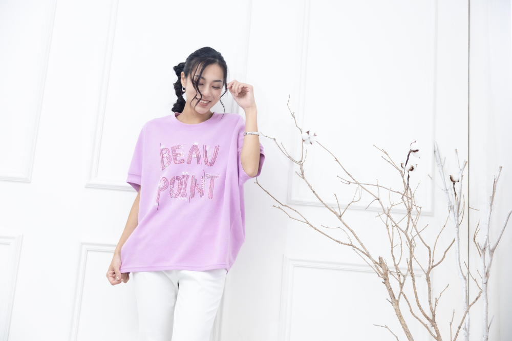 반팔 英文印花寬版短袖上衣 / 粉紫色