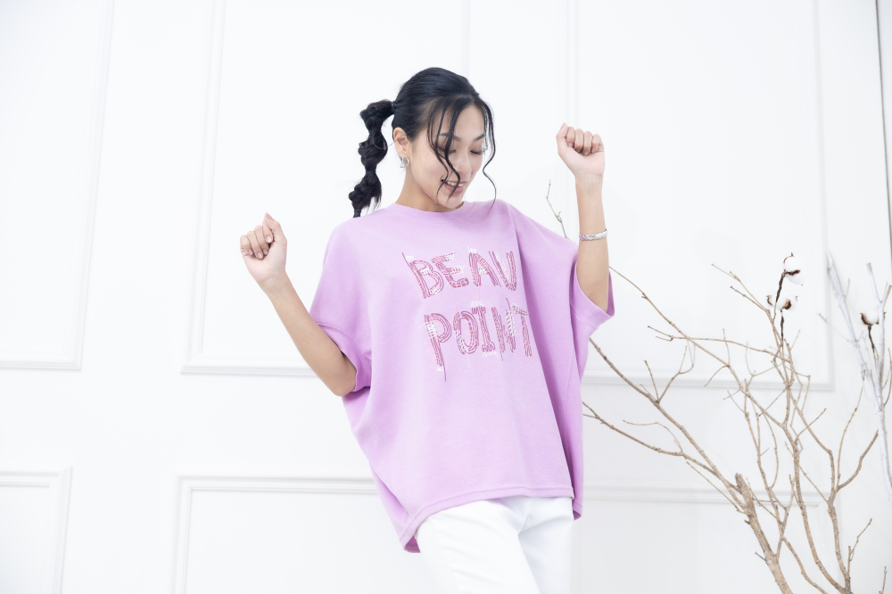 반팔 英文印花寬版短袖上衣 / 粉紫色