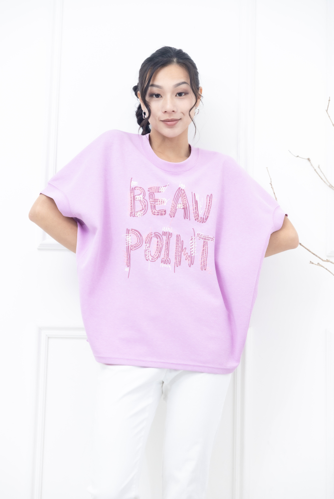 반팔 英文印花寬版短袖上衣 / 粉紫色