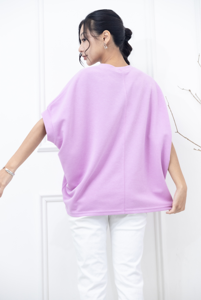 반팔 英文印花寬版短袖上衣 / 粉紫色