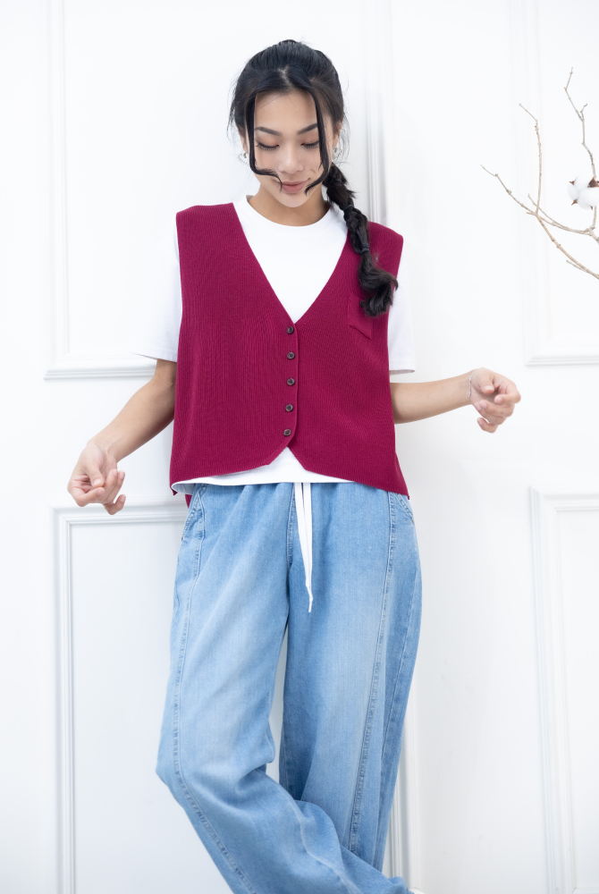 조끼 小口袋全開襟針織背心 / 暗粉色