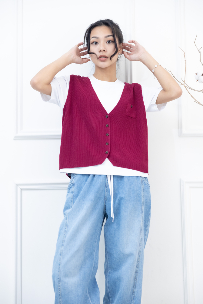 조끼 小口袋全開襟針織背心 / 暗粉色