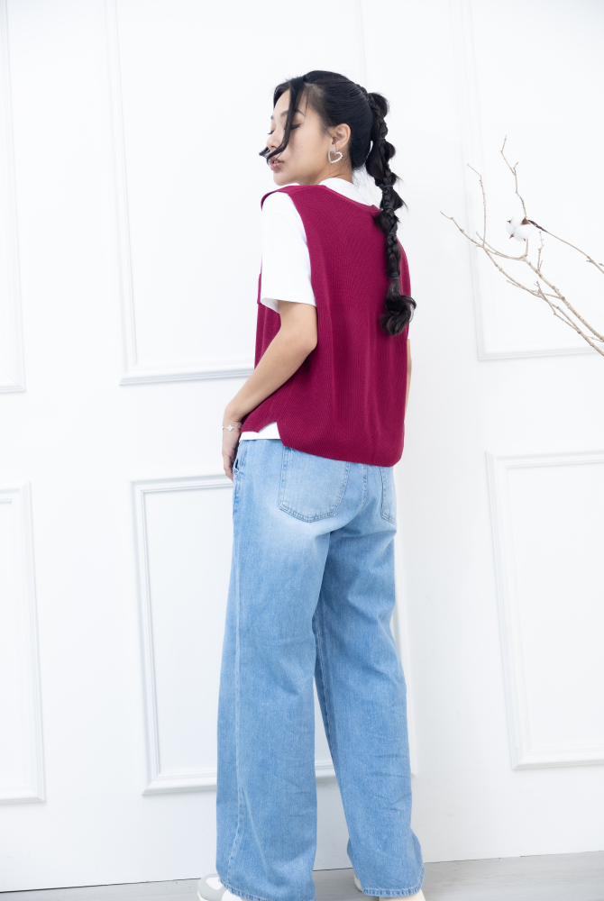 조끼 小口袋全開襟針織背心 / 暗粉色