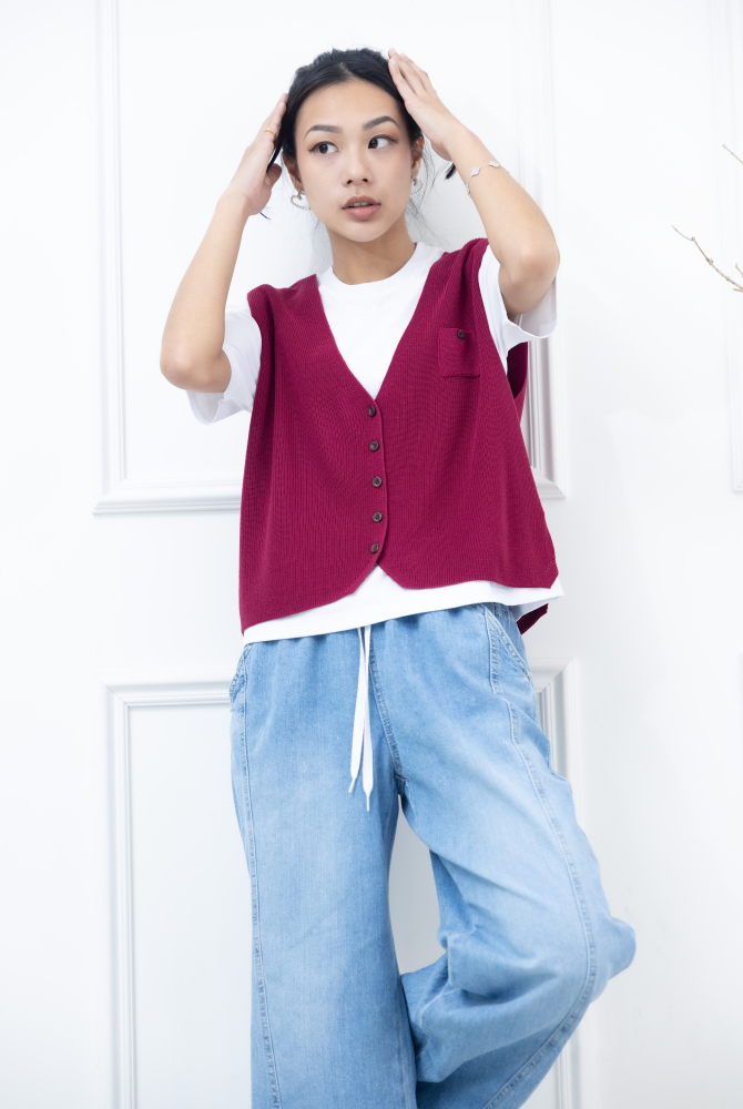 조끼 小口袋全開襟針織背心 / 暗粉色