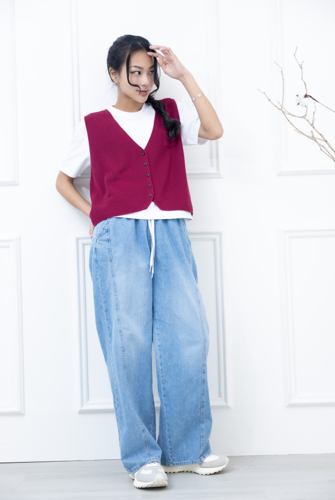 조끼 小口袋全開襟針織背心 / 暗粉色