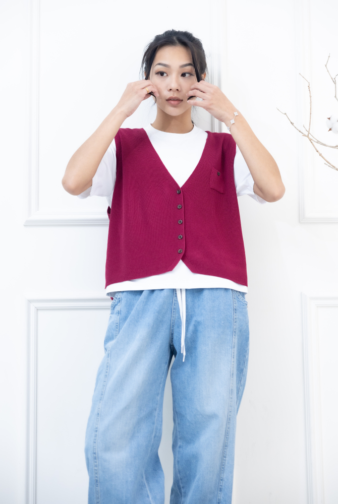 조끼 小口袋全開襟針織背心 / 暗粉色