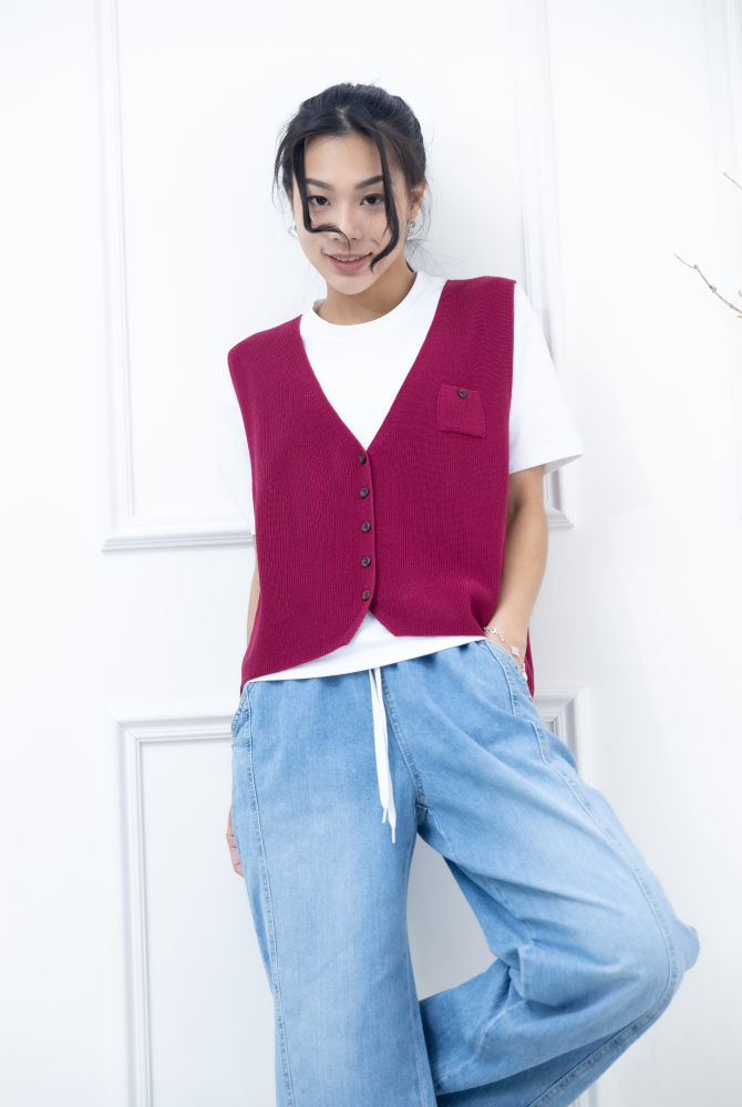 조끼 小口袋全開襟針織背心 / 暗粉色