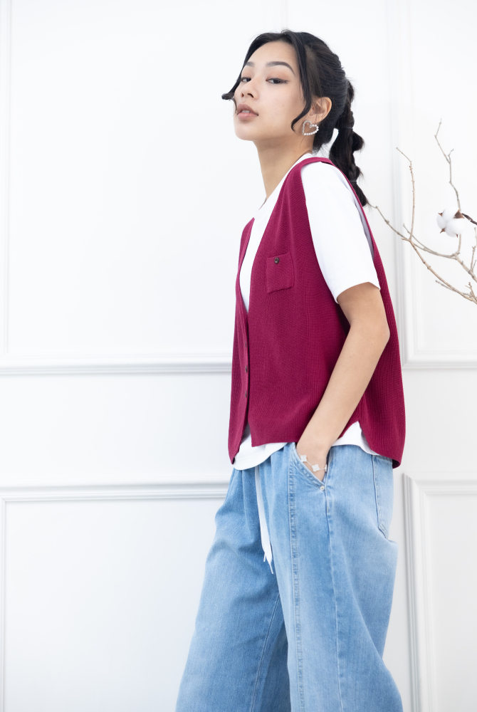 조끼 小口袋全開襟針織背心 / 暗粉色